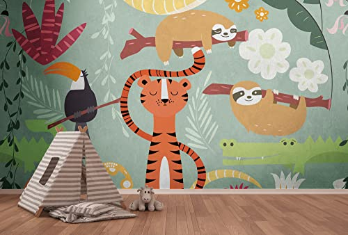 Livingwalls Vliestapete - Tapete Kinder Dschungel Tiere in Bunt, Orange und Grün - Wandtapete für verschiedene Räume - Wandbild XXL 3,71 m x 2,80 m