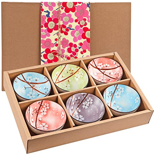 Skelang Lot de 6 bols de service en céramique, bol à riz chinois avec boîte cadeau, bols en poterie japonaise, bols de service en porcelaine pour riz, collation, 300 ml (motif fleurs de ceriser)