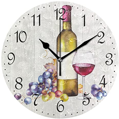 Mnsruu Wall Clock Grape Wine Red Bottle Silent Non-Ticking Decorative Wall Clocks Battery Operated 25x25cm for Home Living Room Kitchen Bathroom Bedroom