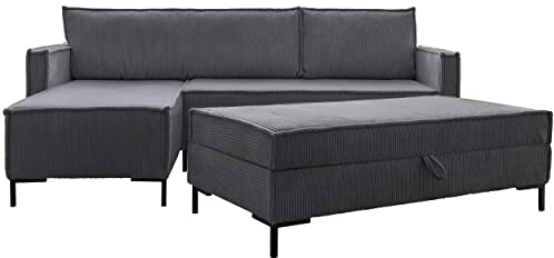 MIUFORM Ecksofa mit Schlaffunktion und Bettkasten (Hocker) Wendbar, Lincoln Wohnlandschaft L-Form mit Pouffe, Couch L Form Schlafcouch Pouf Wohnzimmer Sofa L Form, Metallfüße, Sofa Cord (Grau)
