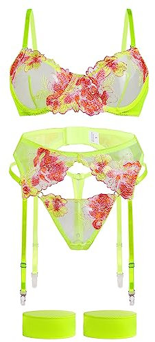 Aranmei Ensemble de Lingerie 4 pièces pour Femme avec Dentelle Florale brodée et Soutien-Gorge à Armatures avec String et Porte-Jarretelles, Vert Fluorescent, M