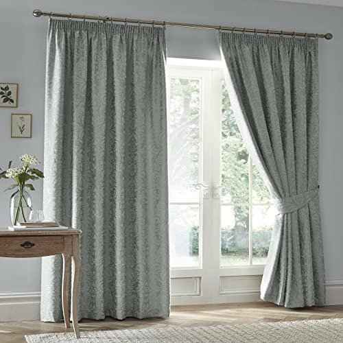 Appletree Heritage - Worcester - Jacquard Pair of Pencil Pleat Curtains With Tie-Backs - 66 Width x 72 Drop (168 x 183cm) in Green