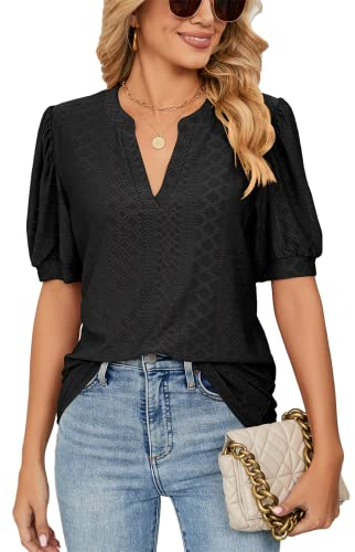 EDOTON Damen Tshirt Kurzarm Bluse V Ausschnitt Casual Sommer Solide Hohle Blase Ärmel Lose Tops Tuniken für Damen (M,Schwarz)
