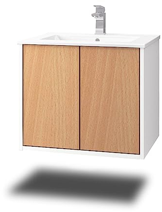 Stil.Zeit Evelou Badmöbel inkl. Waschbecken | Waschtisch mit Unterschrank 60.5 cm | Weiß/Dekor Buche| Push-to-Open/hängend