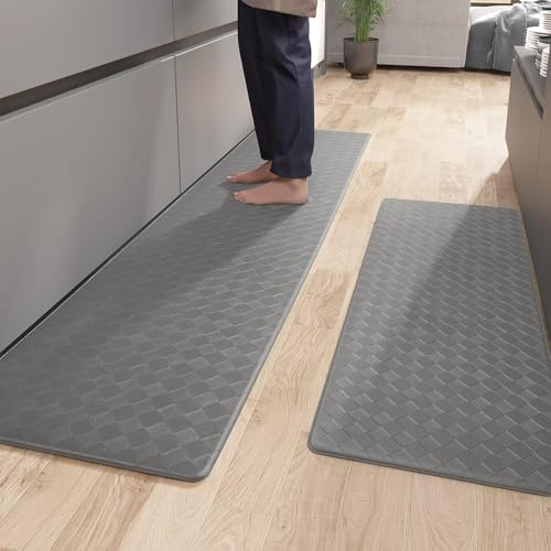 Color G Alfombra Cocina 44 x 75 + 44 x 150 cm, Anti Fatiga Alfombra Cocina Lavable Antideslizante, Cuero Alfombras Cocina Resistente al Aceite, Impermeable para Cocina, Salón, Oficina (Gris)