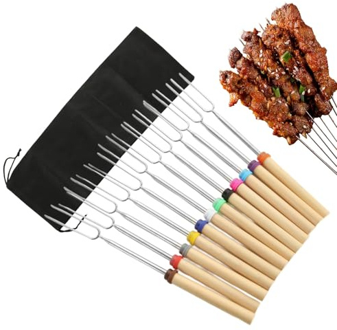 15 Stück Stockbrot Spieße Marshmallow Spieße Lagerfeuer Teleskop Grillspieße Edelstahl Stockbrot Stöcke mit Schwarze Aufbewahrungstasche Barbecue Sticks mit Holzgriff für Camping Grill, BBQ 31cm-82cm