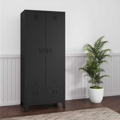 [en.casa] Armoire de Chambre Style Industriel Penderie à 2 Portes avec Étagères et Tiroirs Meuble de Rangement pour Dressing Chambre Salon Acier 180 x 90 x 40 cm Noir