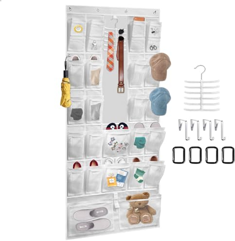 BOHEMIABY Schuhaufbewahrung Hängend 24 GroßE Taschen, Multifunktional Schuhorganizer Platzsparend, Tür Organizer mit 4 Haken 28 Vordertasche Usw.für Schlafzimmer, Wohnzimmer, Weiß