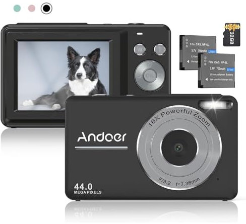 Andoer 44MP Compact Digital Camera with 32GB TF Card, 16X Optical Zoom, Anti-Shake 1080P Vlogging Camera, Auto Focus, Portable for Kids, Teens, Adults, Black