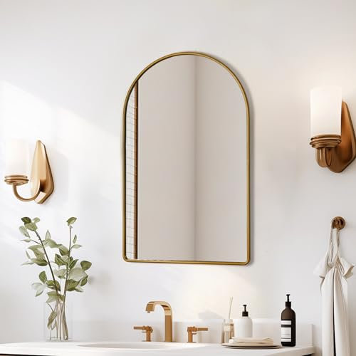 FFHOME Espejos de pared con marco de metal dorado mate, espejo de baño arqueado de 18 x 29 pulgadas, espejo de pared con marco sin costuras, espejos de baño para sobre fregadero en casas de campo,