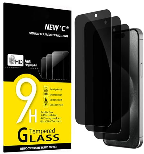 NEW'C 3 Piezas, Protector de pantalla privacidad para iPhone 15 Pro Max, iPhone 15 Plus (6,7 Pulgadas), Ángulo de Privacidad 28 Grados Equilibrado con Protección Ocular, Dureza 9H, Sin Burbujas