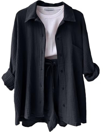 Musselin Zweiteiler Damen Yoga Clothes Teacher Outfit Women Damen Sport Set Kurz Baumwolle Outfits Travel Outfit Damen Zweiteiler Damen Fashion Damen Oversize Shirt Damen(3-Dark Gray,L