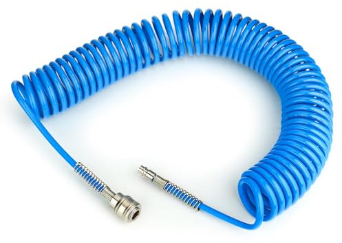 TAILONZ PNEUMATIC Azul 10M manguera de aire en espiral de PU con 8mm de diámetro exterior, (con acoplamiento rápido y boquilla de enchufe, material de la manguera de PU)