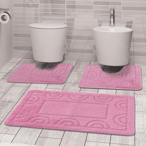 Comart - Nicole Badezimmerteppich-Set - 3-teilig - rechteckiger Teppich 50 x 80 cm + Zwei WC-Vorleger 50 x 40 cm - rutschfeste, schnelltrocknende Tris - Atmungsaktiv - Maschinenwaschbar - Rosa