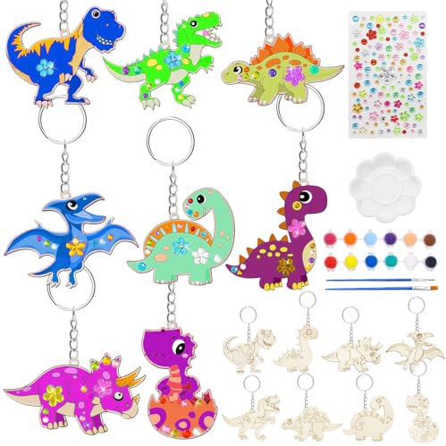 Dino Schlüsselanhänger Kinder, 16 Stück Dinosaurier Holz Bastelset, DIY Holz Bastelset, Dinosaurier Holz zum Bemalen, Bastelset Dinosaurier für Kinder, Basteln für Kinder Geschenk Geburtstagsdek