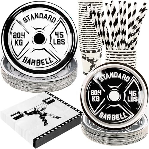 BOIKOKY GYM Decoraciones para fiesta de cumpleaños, 120 piezas de suministros de fiesta temática de fiesta de gimnasio, vajilla desechable y potente, incluye platos de papel, servilletas, vasos y