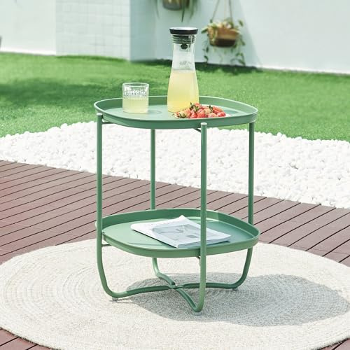 [en.casa] Outdoor Beistelltisch Sandefjord Tabletttisch Balkontisch mit 2 abnehmbaren Tabletts Grün Gartentisch 57,5 x 46 x 46 cm rechteckig Indoor Metalltisch