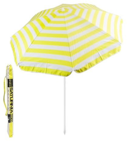 Sombrilla Playa Aluminio/Poliester Ø 180 cm. Amarilla y Blanca. Varillas Fibra De Vidrio. Protección UV.