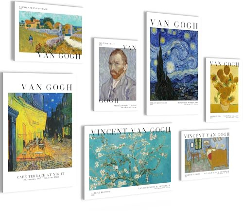 Novart Bilder Van Gogh Collage - KOMPLETT AUFHÄNGFERTIG - Bunt Wohnzimmer Schlafzimmer Flur - 7 Moderne Mood-Bilder - N034172a