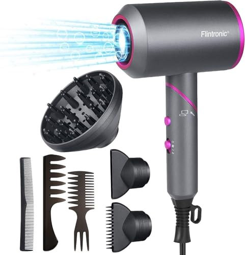 Flintronic Föhn, 2000W Föhn Ionen Haartrockner AC Motor, 4-in-1 Haarfön, 2 Heiz & 3 Geschwindigkeitsstufen, Reisefön Hair Dryer mit 1 Diffusor & 2 Konzentrator-Düse (Grau D)