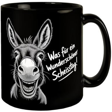 Lächelnder Esel Tasse - Wunderschöner Scheisstag Kaffeebecher in Schwarz mit humorvoller Skizze eines lächelnden Esels - einzigartiges Geschenk