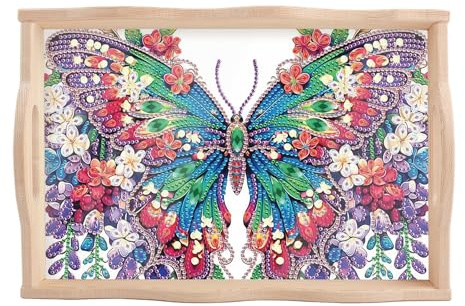 SHEGZHUC Diamond Painting Tablett Serviertablett mit Griffen Schmetterling Bunt 20x30cm Diamant Painting Servierplatte Holztablett Rechteckig Dekotablett Küchentablett Frühstückstablett fürs Bett