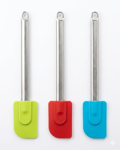 Set de 3 Espátulas de Silicona con Mango de Acero Inoxidable – Espátulas de Cocina Flexibles y Resistentes para Repostería, Pastelería y Uso Diario – Coloridas Verde, Roja y Azul – Alta Durabilidad