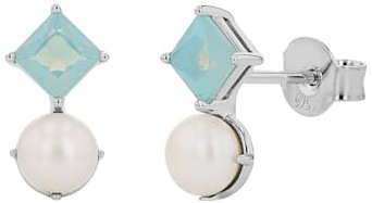 NOELANI Ohrstecker 925 Sterling Silber Damen Ohrschmuck, mit Schmuckstein synth., mit Süßwasserzuchtperle, 1,2 cm, Blau, Kommt in Schmuck Geschenk Box, 2039639