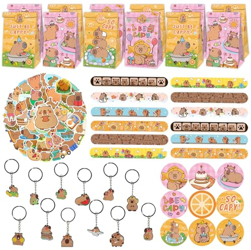 Eymobad 86PCS Capybara Cartoon Geburtstag Geschenk Set,Capybara Kinder Geburtstag Party Geschenke,Capybara Party Favour Supplies mit 12 Geschenktüten 12 Armband 12 Schlüsselanhänger 50 Sticker
