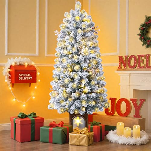 SHareconn 4FT Potted Pre Lit Snow Flocked Pencil Christmas Tree, Slim Xmas Tree with 120 Warm White Lights, 8 Light Modes, 169 Branch Tips, with 10 pine cones and berries for Home and Office Decor