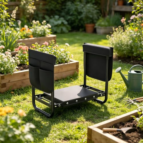 YRHome Garten Kniebank Gartenhocker für Arbeiten Gartenarbeit klappbar Arbeitshocker Sitzbank Gartenarbeit Gartensitz Erntebank Knieschutz Eva-Schaumkissen mit 2 Werkzeugtasche bis 150 kg Anthrazit