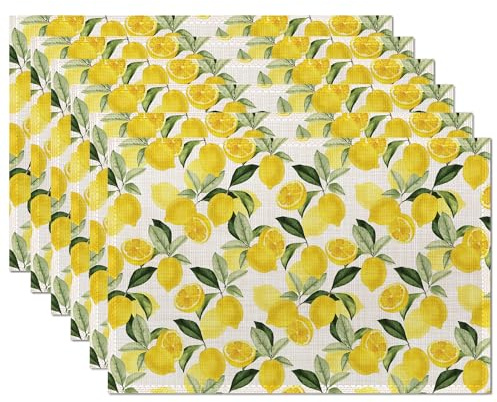 Lemon Motif Placemats Set of 6,Table Mats Non-Slip Heat Resistant Washable Placemat for Party Kitchen Dining Table Decoration Indoor Outdoor