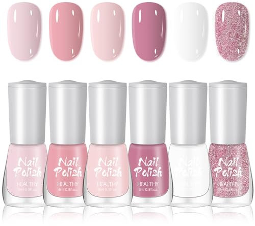 Pink Nail Polish Set - 6Pcs Nail Varnish Sets - Quick Dry & Long Lasting Nude Glitter Varnish - Water Based Natural Nail Varnish Sets for Women DIY Nail Art - No Need Cure