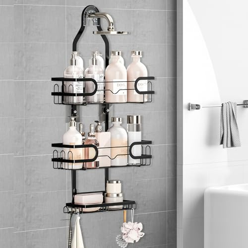 Ziyonix Estantería de Ducha para Colgar, Organizador de Baño sin Taladro de 3 Niveles Cesta de Ducha Colgante de Acero Inoxidable con Ganchos Laterales Almacenamiento para Baño (Negro)
