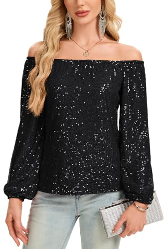 Womens Off Shoulder Sequin Top Long Sleeve Glitter Shirt Sparkly Blouse | Womens Off Shoulder Sequin Top Long Sleeve Glitter Tops Shirt Elastic Cuff Sparkly Party Evening Club Blouse Dressy Tunic