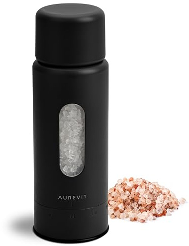 Aurevit Manual Salt Grinder, Single Salt Mill with Ceramic Grinding Core, External Adjustable Coarseness, Refillable, Durable Design (Black)