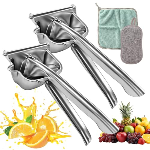 Presse Agrumes Manuel Acier Inox 304, Lot 2 Presse Agrumes + Chiffons | presse Citron manuel, Extracteur Jus, Ergonomique, Nettoyage Facile, Compact, Polyvalent pour Agrumes, Kit Cuisine Complet