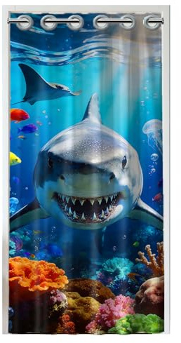 CONCHLERY Haifisch-Türvorhang für Türöffnungen Unterwasserwelt-Türvorhang Raumteiler-Vorhänge mit Kunststoffringen Faltvorhänge für Schränke, Schlafzimmer, Wohnzimmer und Türöffnungen, 200×100cm