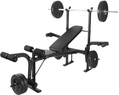 4-in-1 Hantelbank mit Langhantelablage, Multifunktions-Trainingsbank mit Curlpult und Beinstrecker, verstellbare Fitnessbank aus Stahl, belastbar bis 362 kg, Home Gym (Schwarz)