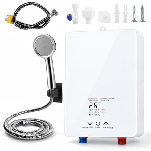 Durchlauferhitzer 5500W 220V, Elektronisch geregelter Warmwasserbereiter ohne Tank, Instant Warmwasser mit LED Display, für Dusche Badezimmer Küche – Energieklasse A, Weiß