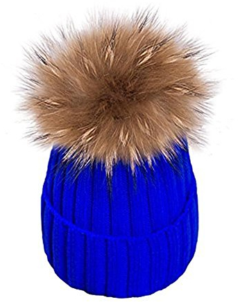 feifanshop Damen Echtfell Waschbär Fell Pelz Bommel Strick Mütze Winter-Mütze Bommelmütze