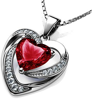 DEPHINI Crystal Heart Necklace – 925 Sterling Silver, Cubic Zirconia Pendant, Rhodium Plated Jewellery for Women (Red)