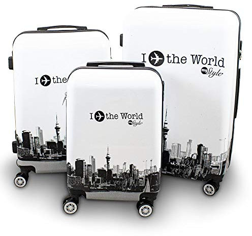 Berwin® Design Koffer Reisekoffer Trolley Hartschalenkoffer Polycarbonat mit 4 Rollen als Set (Fly The World White, 3er Set (M/L/XL))