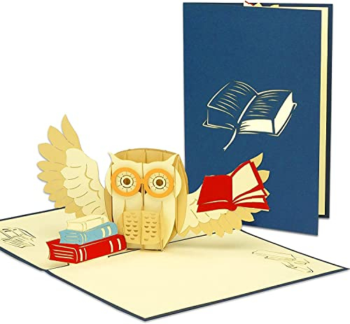 LINPOPUP®, LIN17529, POP UP Karte - 3D Klapp-Karte zur bestandenen Prüfung, Abschluss, Abitur, Bachelor Master - Glückwunsch-Karte - Gutschein Buch - mit Eule Büchern, N283
