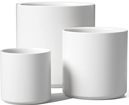 LE TAUCI 15+20+25 cm Plant Pots Set, Ceramic Planters for Indoor Plants, Mid-Century Modern Flower Planter Pots with Drainage Hole and Plug, Cylinder Round Planter Pots, Set of 3, White