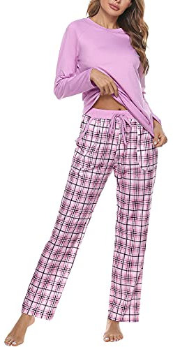 Uniexcosm Pigiama Donna, Pigiama a Quadri Donna Lungo Pigiama da Donna Cotone Leggero con Girocollo Pigiama 2 Pezzi Donna con Tasca Sciolto Accogliente per Casa e Casuale Rosa XXL