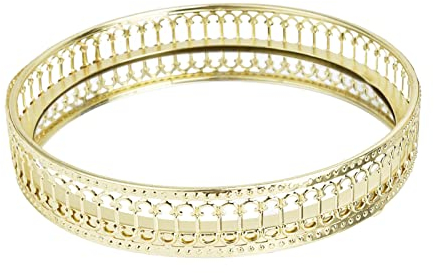 Gold Tablett Deko Durchmesser 17,5 cm, Spiegeltablett Rundes Spiegeltablett Dekor, Gold Dekorative Servierplatte für Waschtisch Badezimmer Schlafzimmer(Vertical Grain)