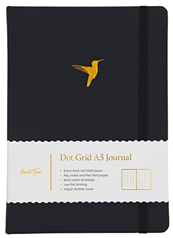 Yop & Tom A5 Dot Grid Journal - With Extra Thick Paper (160 GSM) and Lay-Flat Binding - Bullet (Hummingbird, Charcoal), anthrazit