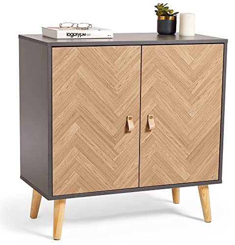 VonHaus Herringbone Sideboard – Grey & Wood Effect Storage Cabinet - Scandi Style 2 Door Storage Unit - Modern Living Room Cabinet with Tapered Legs & Faux Leather Handles - for Lounge & Hallway