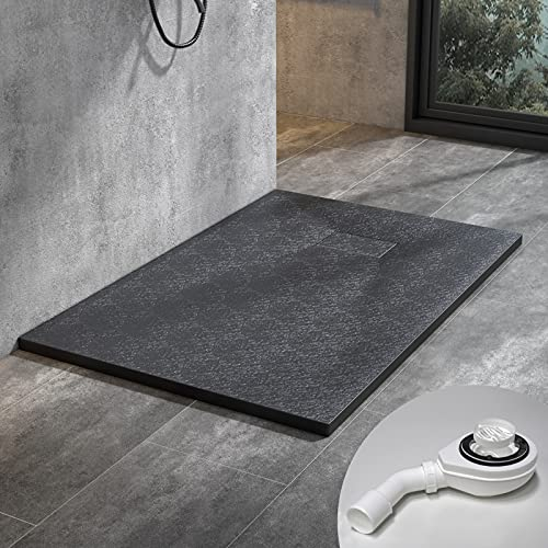 WITEN&NOCK Duschwanne 140x90 cm SMC Brausewanne Schwarz Steinoptik Duschtasse Extraflach Anti-Rutsch mit Ablaufgarnitur